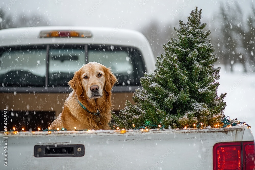 A golden retriever enjoys the winter weather, sitting comfortably in the bed of a truck. Snow falls gently around the decorated Christmas tree, creating a festive atmosphere.