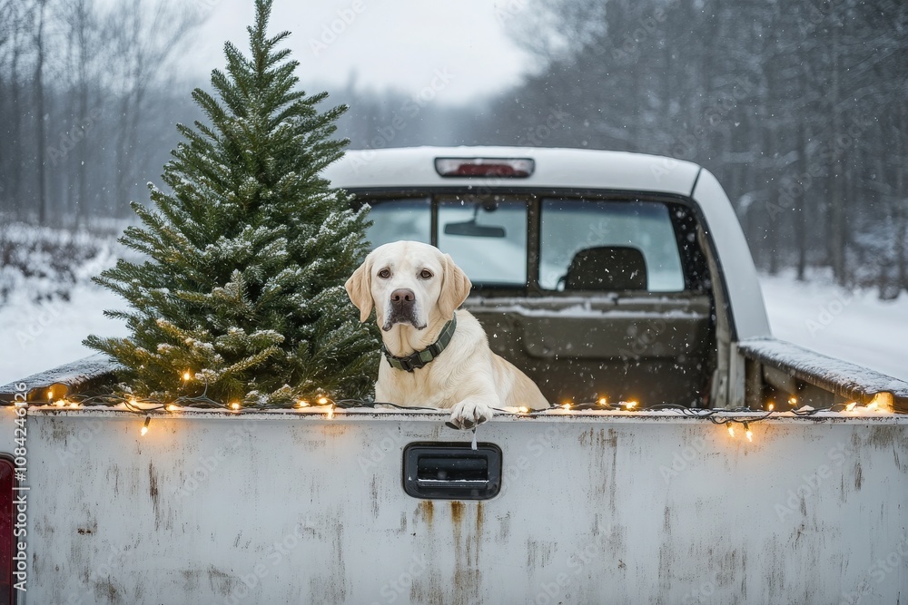 A Labrador retriever relaxes in the bed of a pickup truck filled with a Christmas tree and twinkling lights, surrounded by snow-covered trees in a winter landscape.