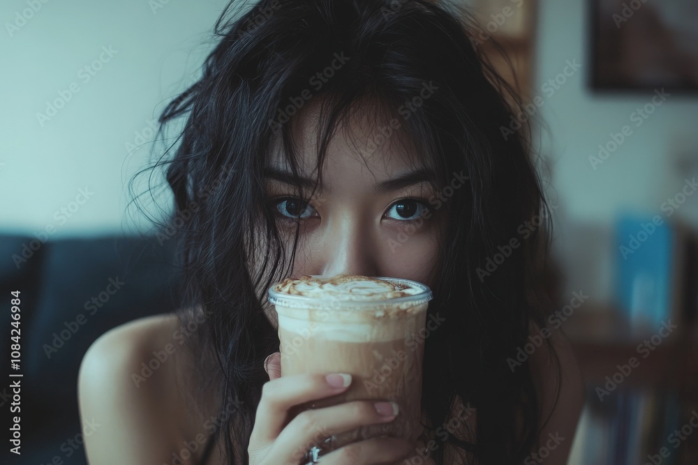 An Asian woman poses for a selfie while holding a cup of coffee close to her face. She has heavy makeup and a relaxed hairstyle, capturing an intimate moment in a cozy indoor environment.