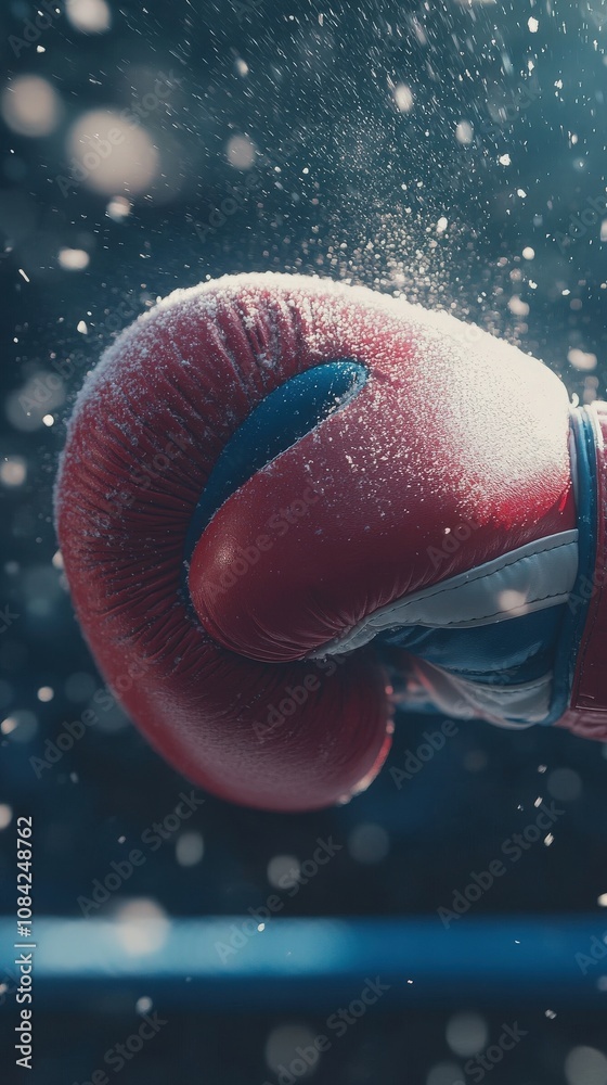A boxing glove is captured mid-punch, showcasing intense motion and energy. The background features a vibrant atmosphere, emphasizing the sport and capturing the moments excitement.