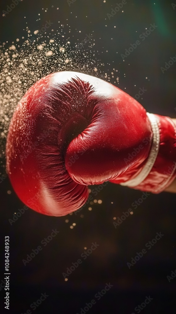A vibrant red boxing glove thrusts forward, creating a dynamic motion. Dust particles scatter in the air, enhancing the intensity of the moment and showcasing the power of the punch.