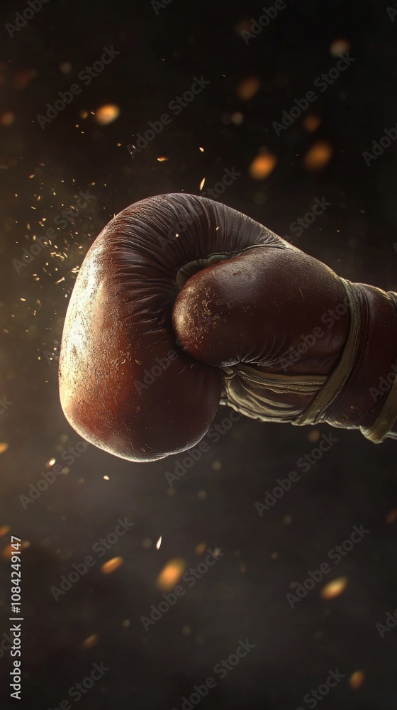 A boxing glove strikes with immense force, showcasing the moment of impact surrounded by dynamic lighting and particles. The close-up emphasizes strength and energy in the sport of boxing.