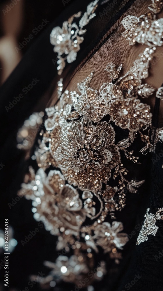 This artwork showcases detailed haute couture embroidery, featuring ornate floral patterns adorned with shimmering beads on rich black fabric, highlighting exceptional craftsmanship and design.
