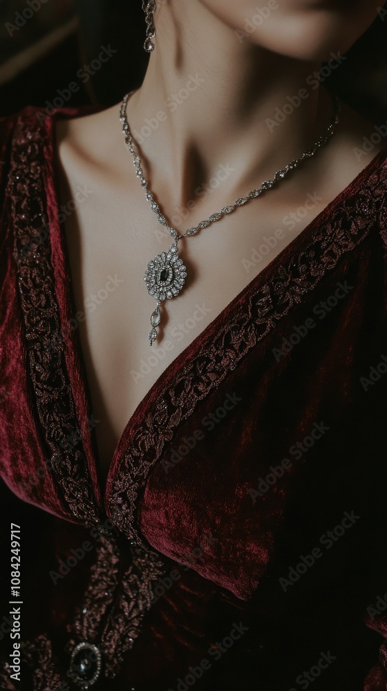 A close-up displays the luxurious details of a necklace alongside rich burgundy fabric, highlighting the intricacy of the design. The exquisite craftsmanship reflects high fashion and artistry.