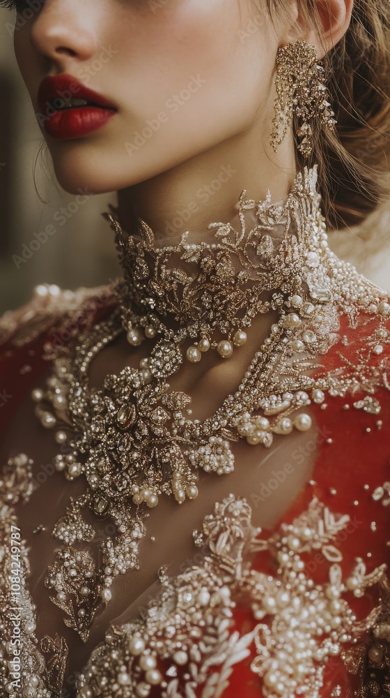 A close-up view showcases the intricate details of haute couture fashion, featuring exquisite embroidery, pearls, and ornate designs highlighting craftsmanship and luxury.