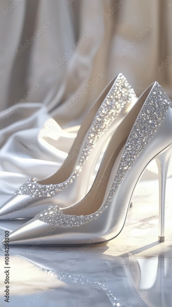These exquisite high heels shine with diamond embellishments, elegantly set against a luxurious fabric backdrop.