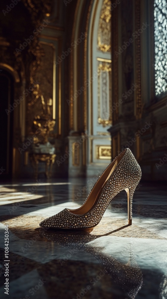 Luxurious high heels adorned with shimmering diamonds rest on a polished floor in a grand palace. The exquisite craftsmanship and rich surroundings enhance their beauty, capturing elegance.