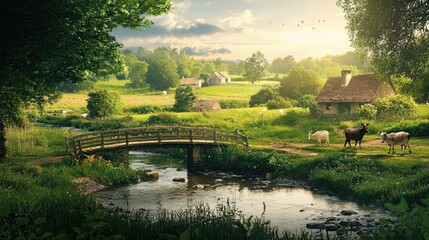 Poster - A peaceful village scene with animals walking across a bridge over a river, set in a lush green landscape. 