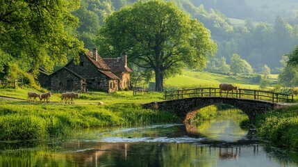 Aufkleber - A peaceful village scene with animals walking across a bridge over a river, set in a lush green landscape. 