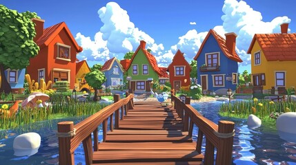 Poster - A colorful animated village with animals crossing a wooden bridge in a playful, cartoon-style setting. 