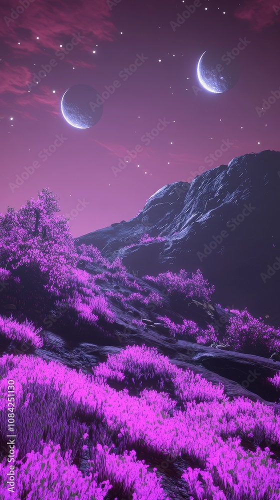 A breathtaking view of an alien landscape showcases vivid purple plants and rugged mountains under two moons, creating a surreal atmosphere at dusk.