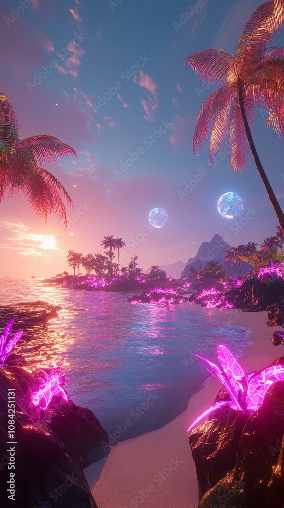 The vibrant hues of sunset illuminate a serene shoreline on an alien planet. Luminous plants line the beach, while twin moons rise over the horizon, creating a surreal atmosphere of tranquility.