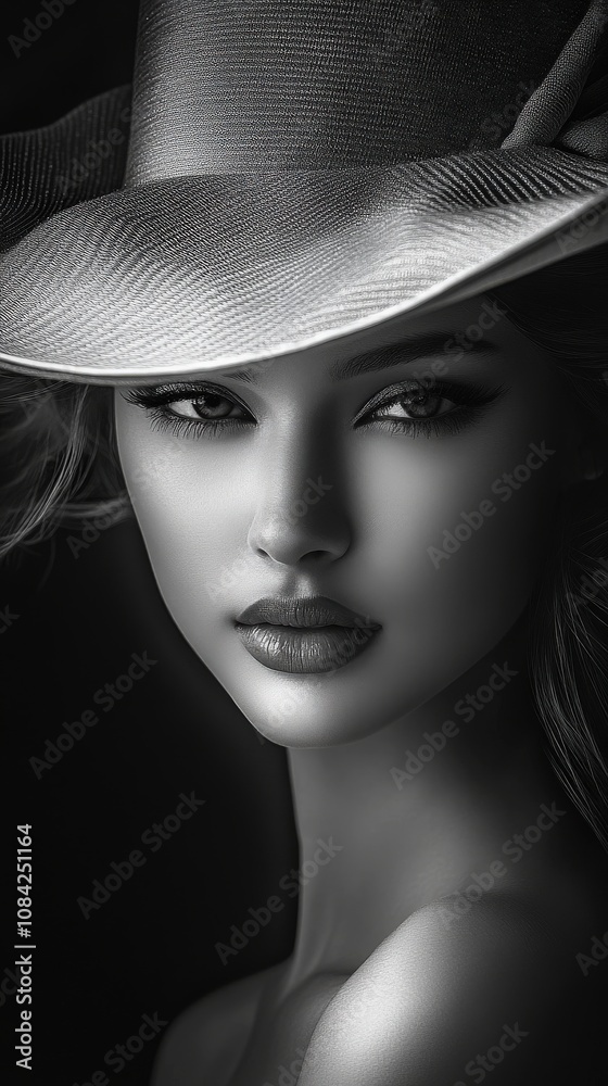 A captivating portrait features a model with striking features and a wide-brimmed hat. The dramatic black and white tones enhance the intensity of her gaze, creating a memorable visual impact.