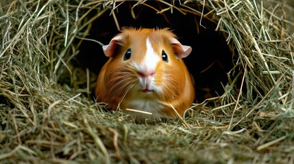 Poster - A cute guinea pig sitting in a small bed of hay, looking up with bright, curious eyes. 