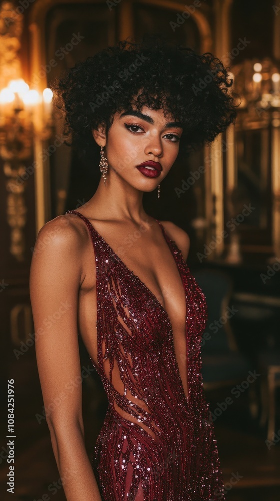 A stunning model showcases a lavish burgundy gown, highlighting intricate designs. The elegant atmosphere is enhanced by ambient lighting, creating a captivating and sophisticated vibe.