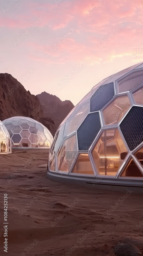 A unique settlement on Mars features futuristic honeycomb domes that house human life. The glowing structures are set against a backdrop of rugged mountains during a breathtaking sunset.
