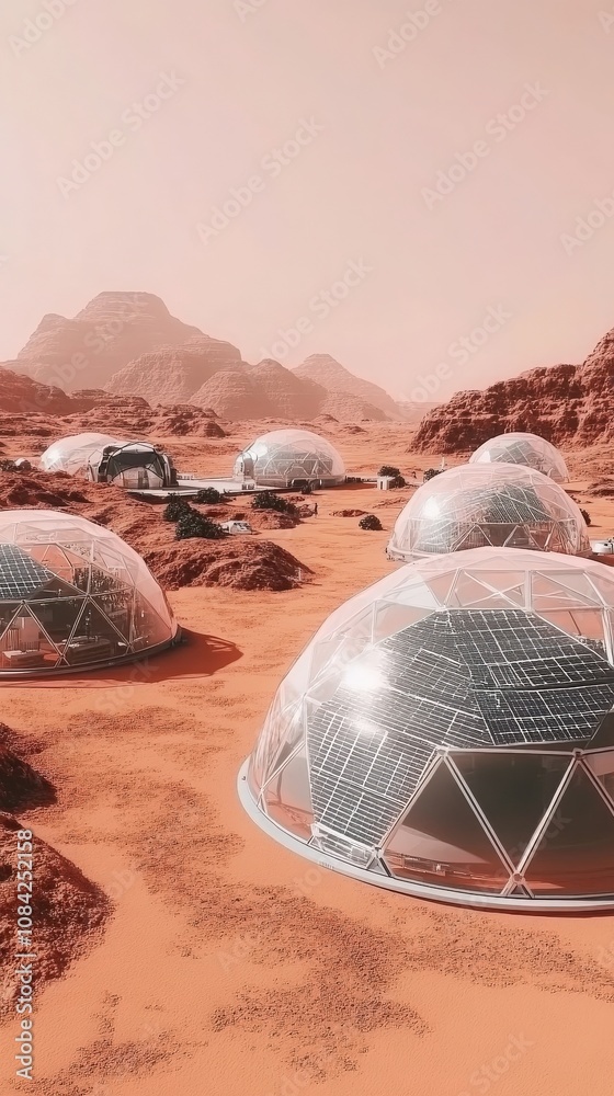 A collection of futuristic domes on the Martian surface illustrates the first human settlement efforts.