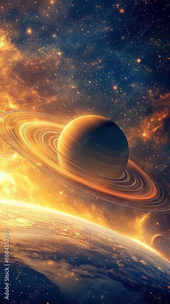A space station floats in the serene orbit of Saturn, surrounded by vibrant rings and a colorful nebula. Stars twinkle in the distance, creating a mesmerizing cosmic backdrop.