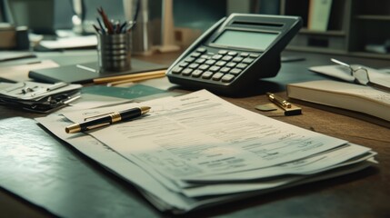 Aufkleber - A Business Desk with Papers, Calculator, and Pens