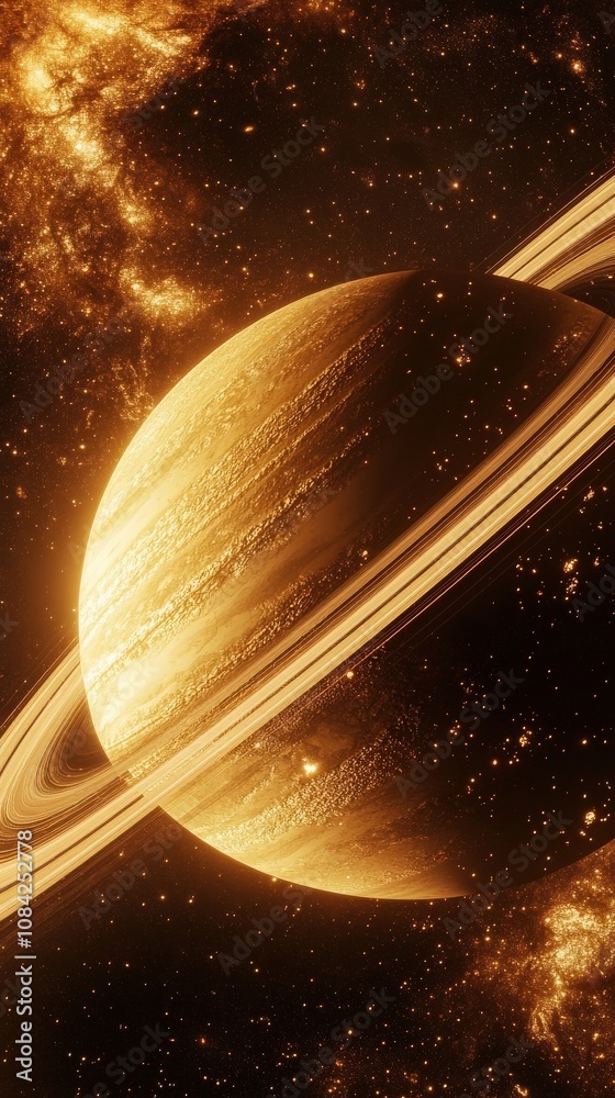 A futuristic space station orbits Saturn, showcasing its magnificent rings against a backdrop of distant stars and swirling cosmic gases. The scene captures the beauty of outer space.