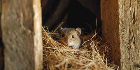 Poster - A tiny mouse peeking out from its cozy nest in a quiet corner of a barn. 