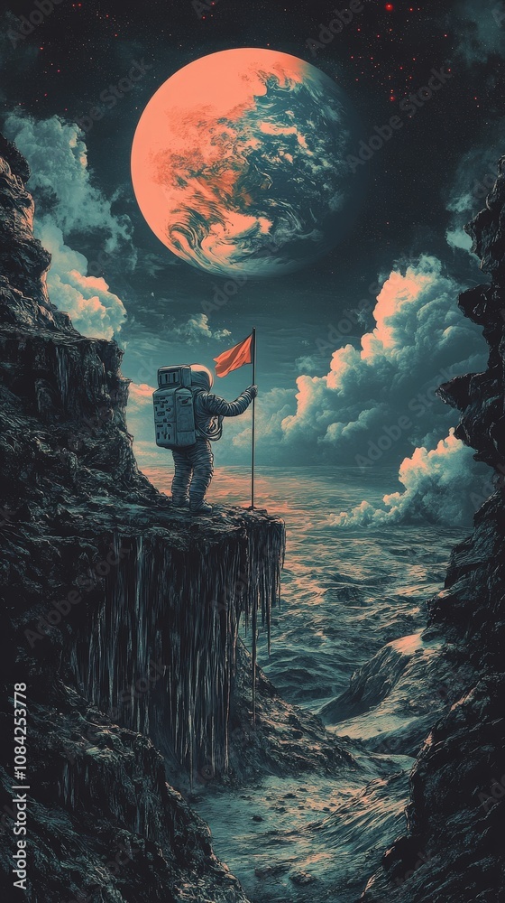 An astronaut stands on a rugged lunar surface, firmly planting a flag while a large planet looms above in the night sky, surrounded by clouds and a vast, desolate terrain.