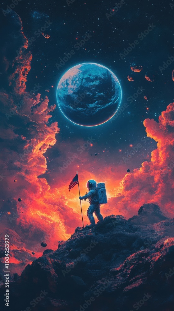 An astronaut standing on the lunar landscape is planting a flag, with Earth visible in the background amidst vibrant cosmic clouds. The setting evokes a sense of exploration and discovery.