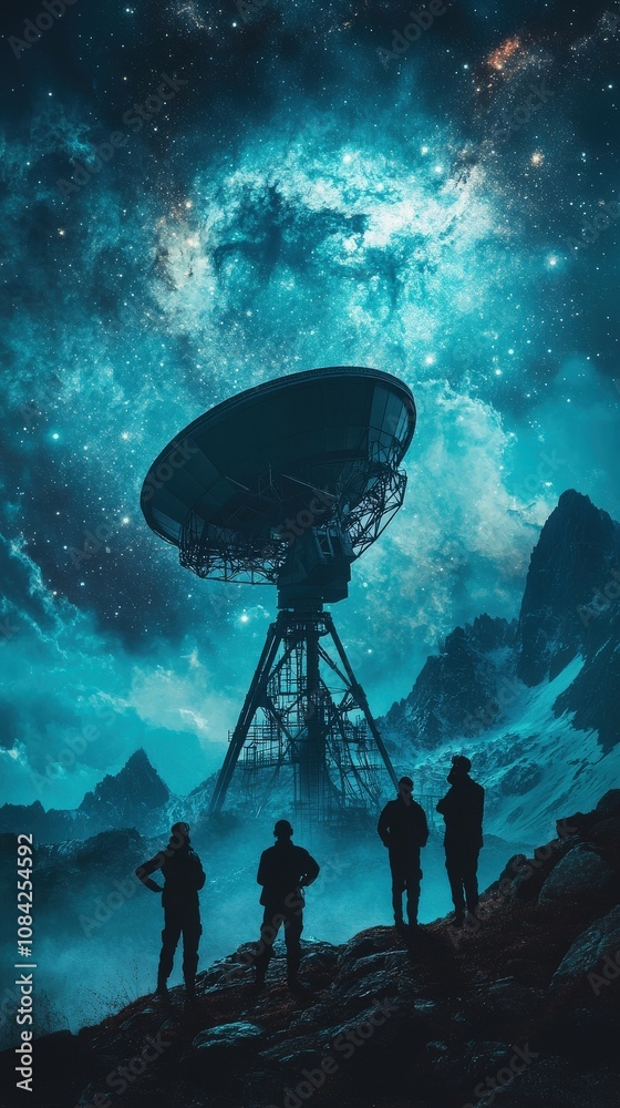 A massive telescope at a mountaintop observatory is silhouetted against a vibrant starry sky. A group of observers stands in awe, gazing upward into the cosmos during twilight hours.
