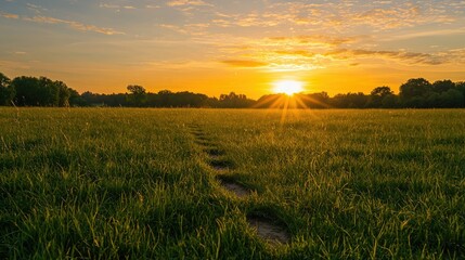 Aufkleber - A series of animal tracks crossing a grassy field at sunrise, showing evidence of wildlife movement 