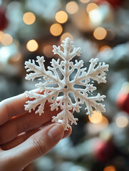 Aufkleber - A person gently holds a white, sparkly snowflake decoration