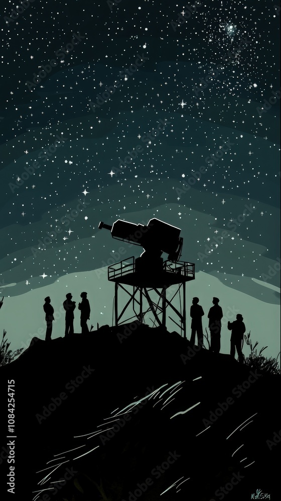 A large telescope is perched on a mountaintop observatory, where silhouettes of people gather to observe the night sky filled with stars. The scene captures the beauty of astronomical exploration.