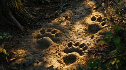 Aufkleber - wolf tracks imprinted in the soft soil of a dense woodland area. 