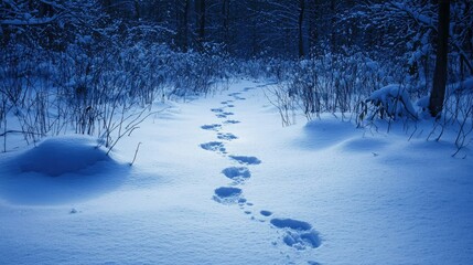 Poster - A trail of animal tracks in the snow, leading through a quiet forest at dusk. 