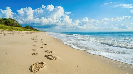 Poster - A sandy beach with animal tracks leading to the ocean, showing where a creature has walked. 