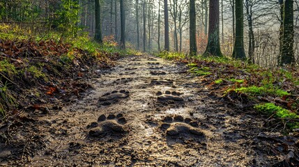 Poster - A set of animal tracks, including paw prints and hoof marks, on a muddy forest trail. 