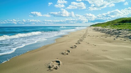 Poster - A sandy beach with animal tracks leading to the ocean, showing where a creature has walked. 