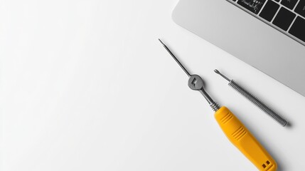 Leinwandbilder - A yellow-handled screwdriver and a metal tool are placed beside a laptop, indicating an ongoing computer repair process at a workspace. Generative AI