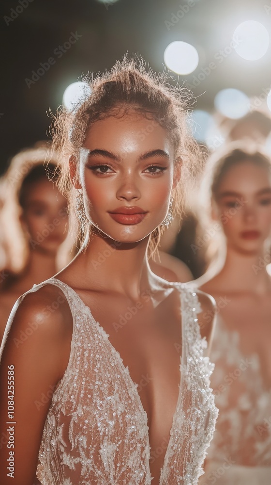 Models grace the runway, showcasing stunning evening gowns adorned with intricate details. The vibrant atmosphere shines with bright lights as they prepare to dazzle the audience.
