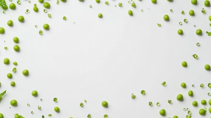 Poster - Green peas and droplets of juice are artfully scattered across a white surface, showcasing a fresh and vibrant food aesthetic. Generative AI