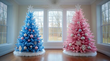 Poster - Two Christmas trees, one blue and one pink