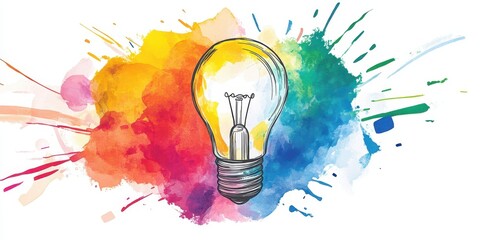 Poster - Colorful Watercolor Illustration of a Light Bulb Surrounded by a Vibrant Splash of Paint, Perfect for Creative and Artistic Projects
