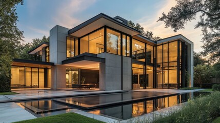 Poster - Unique Exterior Design of a Modern House Featuring Mixed Textures and Expansive Glass Windows Surrounded by Lush Landscaping and a Tranquil Reflecting Pool at Sunset