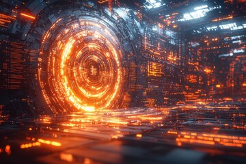 Poster - Futuristic Sci Fi Orange Neon Glowing Circle Portal
