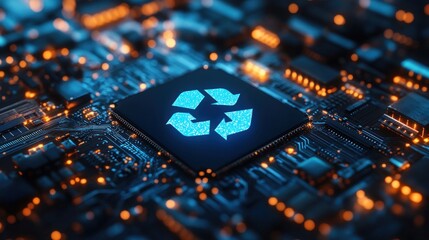 Poster - A futuristic microchip featuring a glowing recycling symbol on a circuit board.