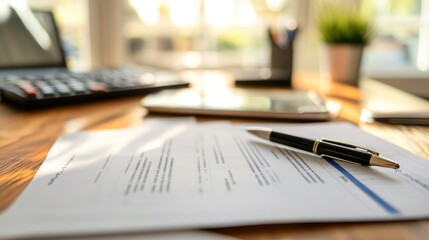 Poster - A Pen Resting on a Document with a Calculator and Laptop in the Background