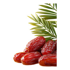 Wall Mural - Fresh and Juicy Dates with Green Palm Leaves on a White Background, Perfect for Healthy Snacking, Desserts, or Culinary Uses in Mediterranean and Middle Eastern Cuisine