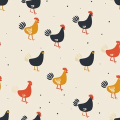 Poster - Seamless Minimal Chicken Pattern Design Ideal for Fabric Printing, Textiles, Crafts, and Home Decor with Playful Poultry Illustrations in Vibrant Colors