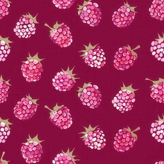Poster - Seamless Minimal Raspberry Pattern for Fabric Design Featuring Colorful Berries on Deep Maroon Background Ideal for Creative Projects and Textiles