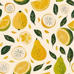 Poster - Colorful Minimal Ugli Fruit Pattern for Fabric Design Featuring Lemons and Leaves in a Seamless Arrangement Perfect for Various Applications