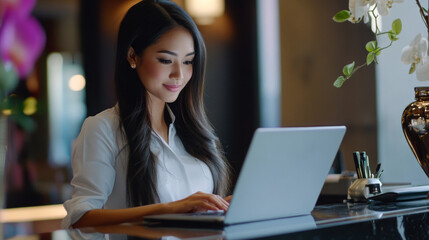 Poster - A woman is sitting at a desk and typing on a laptop